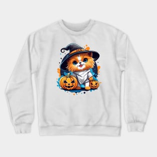 A Cat wearing a witches hat and holding a pumpkin Crewneck Sweatshirt